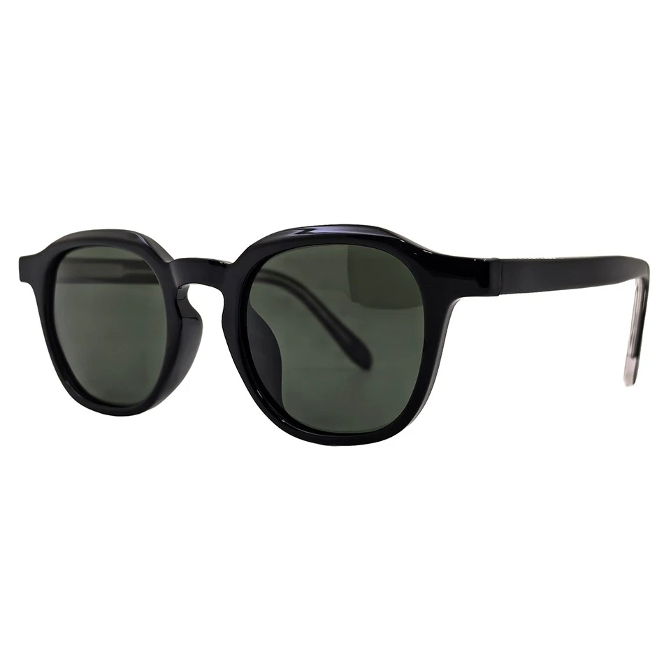 Classic black keyhole sunglasses at 45 degree angle, rounded square frame with green lenses Classic black keyhole sunglasses at 45 degree angle, rounded square frame with green lenses