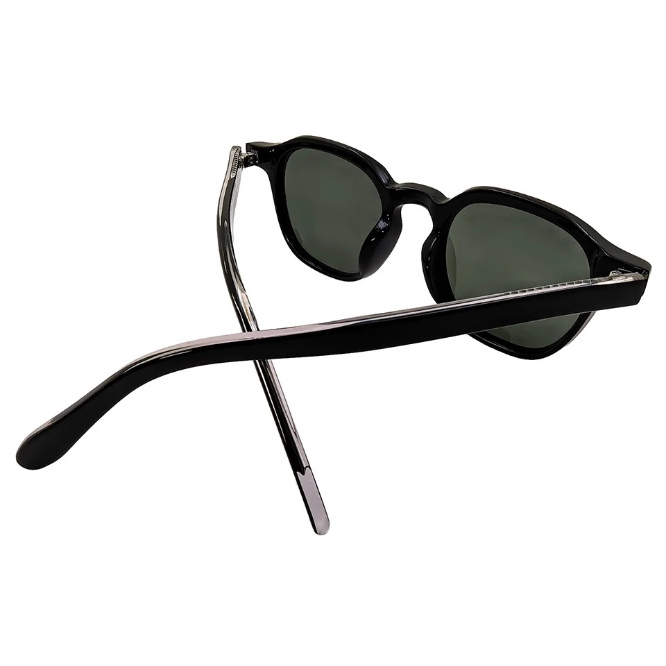 Back view of black keyhole sunglasses showing inner acetate temples and hinge detail Back view of black keyhole sunglasses showing inner acetate temples and hinge detail
